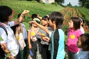 아토피 캠프 참가 어린이들이 여성환경연대 생태안내자와 함께 생태 놀이를 하고 있다.