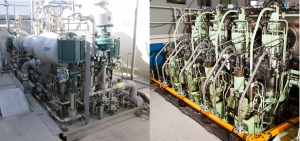대우조선해양이 독자 개발한 고압 천연가스 연료 공급 장치(HP-FGS) (왼쪽)와 만 디젤