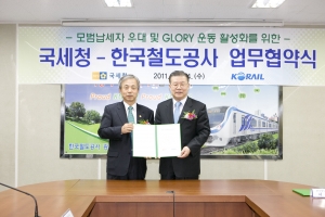 이현동 국세청장(왼쪽)은 12.14(수) 한국철도공사 허준영 사장과 모범납세자 등에게 철도