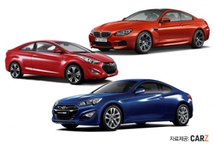 오른쪽 위부터 BMW M6 쿠페, 현대 아반떼 쿠페, 현대 제네시스 쿠페