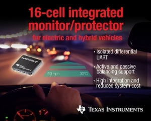 TI가 업계 최초로 한 번에 16개의 배터리 셀을 측정할 수 있는 배터리 모니터 및 보호 