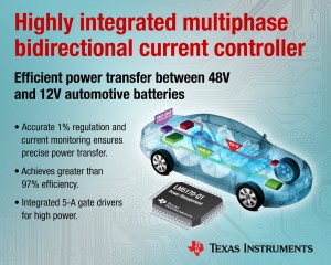 TI가 48V와 12V의 자동차 배터리 시스템 간에 위상당 500W 이상의 전력을 효율적으