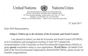 국제구호 NGO 월드쉐어가 유엔 경제사회이사회 특별협의지위를 획득했다