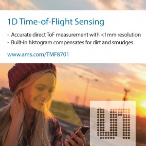 ams 스마트폰에서 정확한 근접 센싱 및 거리 측정을 위한 세계 최소형 1D ToF  센서