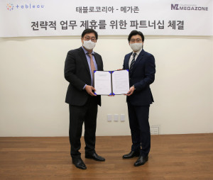 왼쪽부터 Tableau Software 김성하 한국지사장, 메가존 이주완 대표가 체결식을 