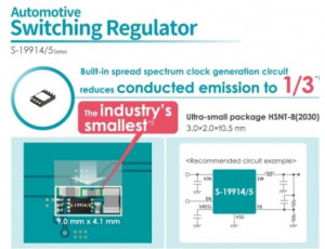 자동차용 초소형 강압 스위칭 레귤레이터 S-19914/5 시리즈는 기존 제품 대비 전도 방사 1/3로 줄이고 낮은 EMI를 사용한다