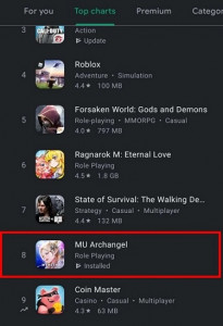 웹젠의 모바일 MMORPG 뮤 아크엔젤이 필리핀 구글플레이 매출 순위 8위를 기록했다