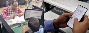 왼쪽부터 삼성전자 인도 서비스센터에서 고객이 서비스 내역을 종이문서로 받는 이전 모습과 스