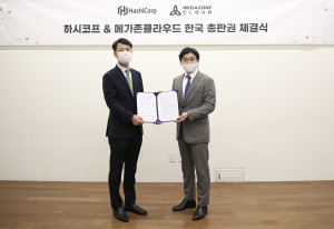 왼쪽부터 하시코프코리아 김종덕 지사장과 메가존클라우드 이주완 대표가 협약을 체결하고 기념 