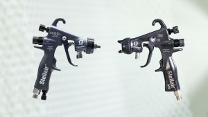 Graco's newest industrial air spray gun line includes Stellair™ (left) and Stellair ACE (right). Due to its durably unique carbon reinforced construction, Stellair ACE weighs 209 grams (7.4 ounces) – about half the weight of comparable manual pressure feed spray guns. (Photo: Business Wire)