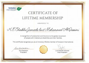 Honorary Lifetime Membership certificate awarded to Sheikha Jameela bint Mohammed Al Qasimi by Inclusion International (Photo: AETOSWire)