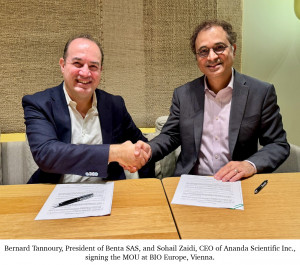 Bernard Tannoury, President of Benta SAS, and Sohail Zaidi, CEO of Ananda Scientific Inc., signing the MOU at BIO Europe, Vienna.