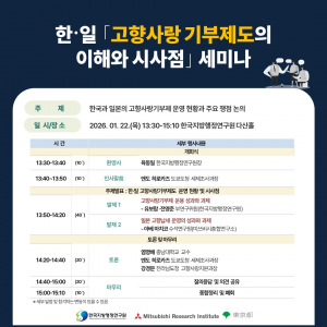 한국지방행정연구원이 1월 22일(목) 고향사랑 기부제의 발전 방향을 모색하는 ‘한·일 ‘고향사랑 기부제도의 이해와 시사점’ 세미나’를 개최한다