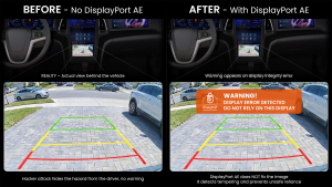 차량 운전석에서 시뮬레이션된 디스플레이 조작 시나리오 예시. 무결성 오류 감지에서 디스플레이포트 오토모티브 익스텐션(DP AE) 규격이 어떠한 역할을 하는지 보여준다. 이 예시의 경우 후방 카메라 영상이 해커에 의해 조작됐으며, DP AE는 운전자가 손상된 디스플레이에...