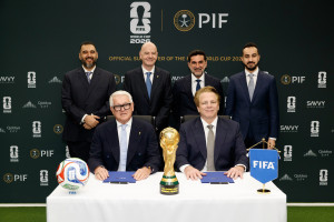 14 May, 2026: Front row (L-R), Romy Gai, Chief Business Officer, FIFA and Kevin Foster, Managing Director and Head of Corporate Affairs, PIF, back row (L-R), H.R.H Prince Faisal Bin Bandar Bin Sultan Al Saud, Vice Chairman, Savvy Games Group, Gianni Infantino, President, FIFA, H.E. Yasir Othman Al-Rumayyan, Governor, PIF and Muhannad AlDawood, Chief Strategy Officer, Qiddiya Investment Company witnessed the signing of the partnership of PIF as Official Tournament Supporter of FIFA World Cup 2026™, incorporating PIF companies, Savvy Games Group and Qiddiya City (Photo by PIF)