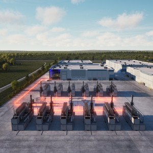 A rendering of modular data center infrastructure with co-located, behind-the-meter generation.