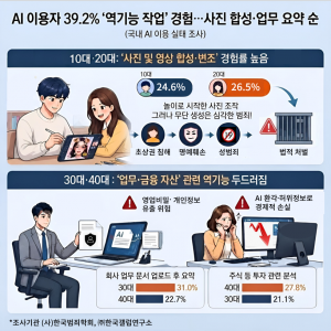 연령대별 생성형 AI 역기능 이용 실태 인포그래픽. 10~20대는 사진·영상 합성·변조, 30~40대는 업무 문서 유출·투자 손실 우려가 두드러진다(제공=한국범죄학회·한국갤럽)