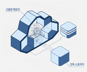 대규모 워크로드와 높은 I/O 성능을 요구하는 환경을 위해 설계된 글로벌호스트 울트라 VPS의 핵심 구조를 시각화한 다이어그램. ‘고용량 메모리(연산 및 처리 코어)’가 중앙의 클라우드 블록 내부에 촘촘한 신경망/네트워크 형태로 표현돼 있다. 대규모 트래픽, 복잡한 쿼...