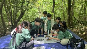 ‘오른 만큼 크는 아이(붉은 화산, 검은 흙)’에 참여한 학생들이 풍화 활동으로 만든 흙을 체에 거르고 있다