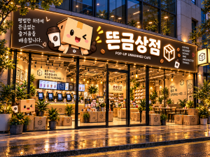 데이비드가 추진하는 무인카페 브랜드 ‘뜬금상점’의 매장 조감도. 물류센터를 연상시키는 독특한 인테리어와 커피 픽업존, 브랜드 캐릭터 ‘뜬금이’, 굿즈 판매공간 및 포토존 등을 결합한 것이 특징이다. 약 10평 규모의 소형 매장을 기본 모델로 대학가와 주거밀집지역, 장기 공실 상가 등을 활용한 사업 확대를 구상하고 있다. 해당 이미지는 실제 매장이 아닌 브랜드 개발 단계의 콘셉트 시안이다