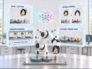 사람의 지시 이해, 미래 장면 예측, 행동 생성을 하나의 모델로 통합한 로봇 AI ‘Dynin-Robotics’ 개념